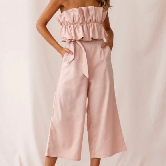 Saints + Secrets Strapless Cropped Linen Jumpsuit - Pink - Small - Picture 6 of 16